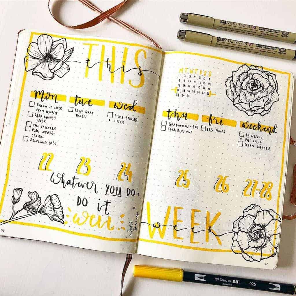 Yellow Bullet Journal Spreads and Layouts